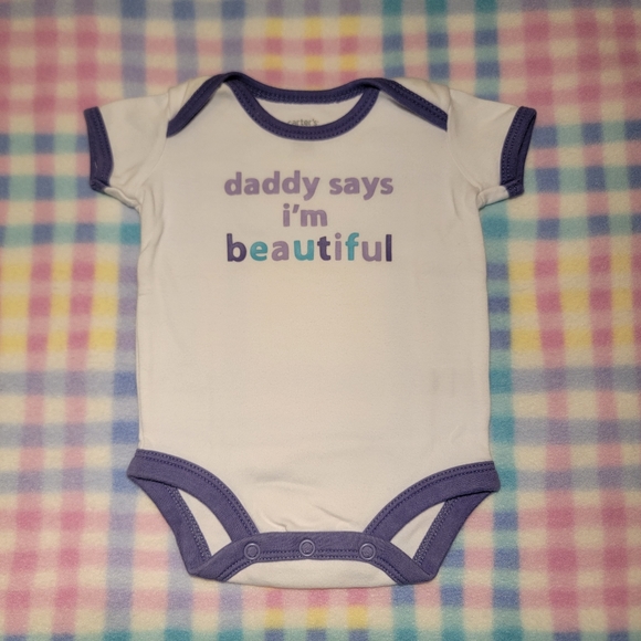 CARTER'S ♡ Adorable Purple Trim "DADDY SAYS I'M BEAUTIFUL" Bodysuit Onesie NB - Picture 3 of 12